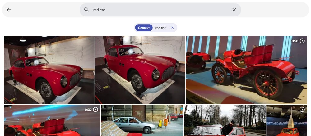 The Immich app showing search results for the words red car: a grid of photos of red cars, found by typing a plain description.