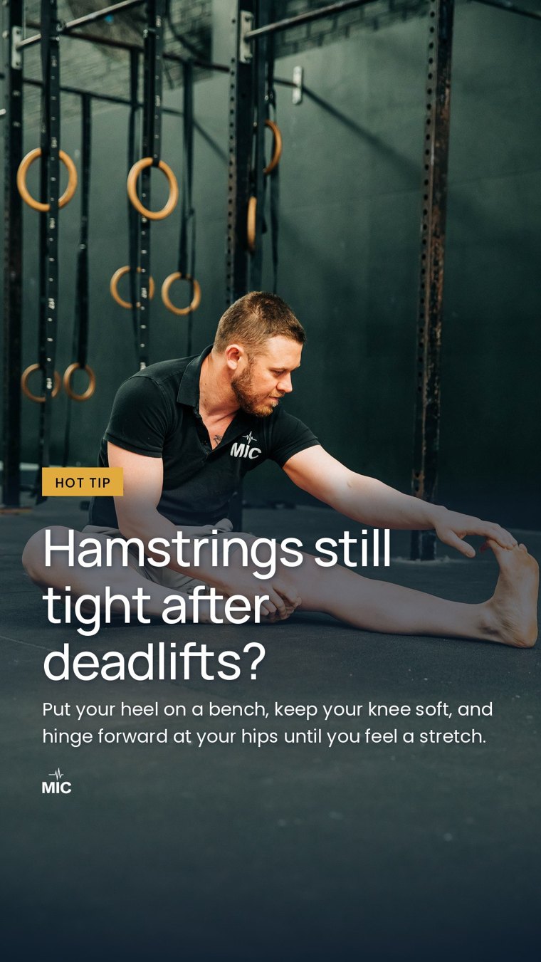 A finished story card made by the clinic bot: a clinic osteopath stretching his hamstring on the gym floor, with the label Hot tip, the headline Hamstrings still tight after deadlifts, a line of advice and the MIC logo.