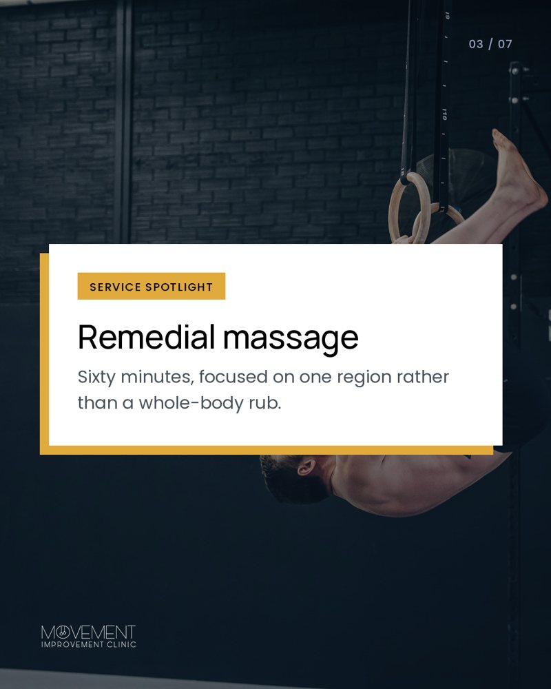 Service spotlight slide: remedial massage, over a clinic photo.