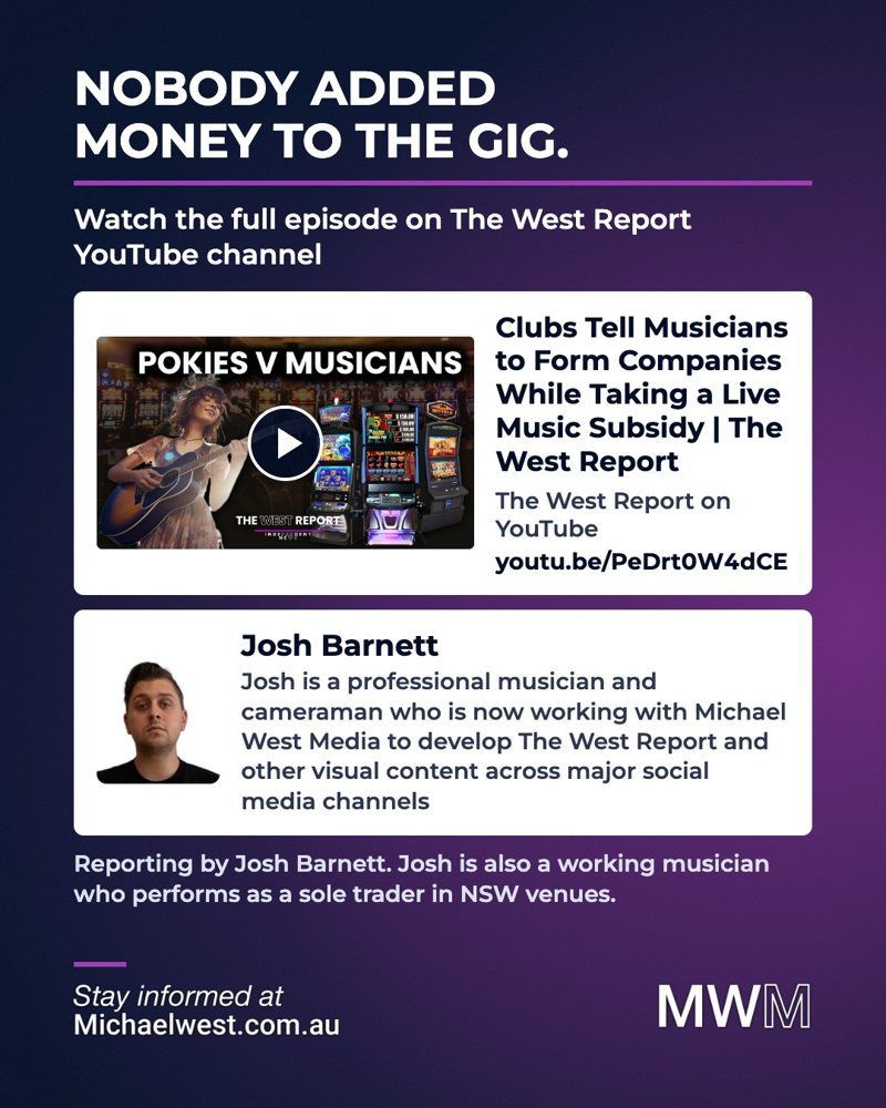 End slide: Nobody added money to the gig, with a card linking to the full West Report episode on YouTube and a byline for Josh Barnett.