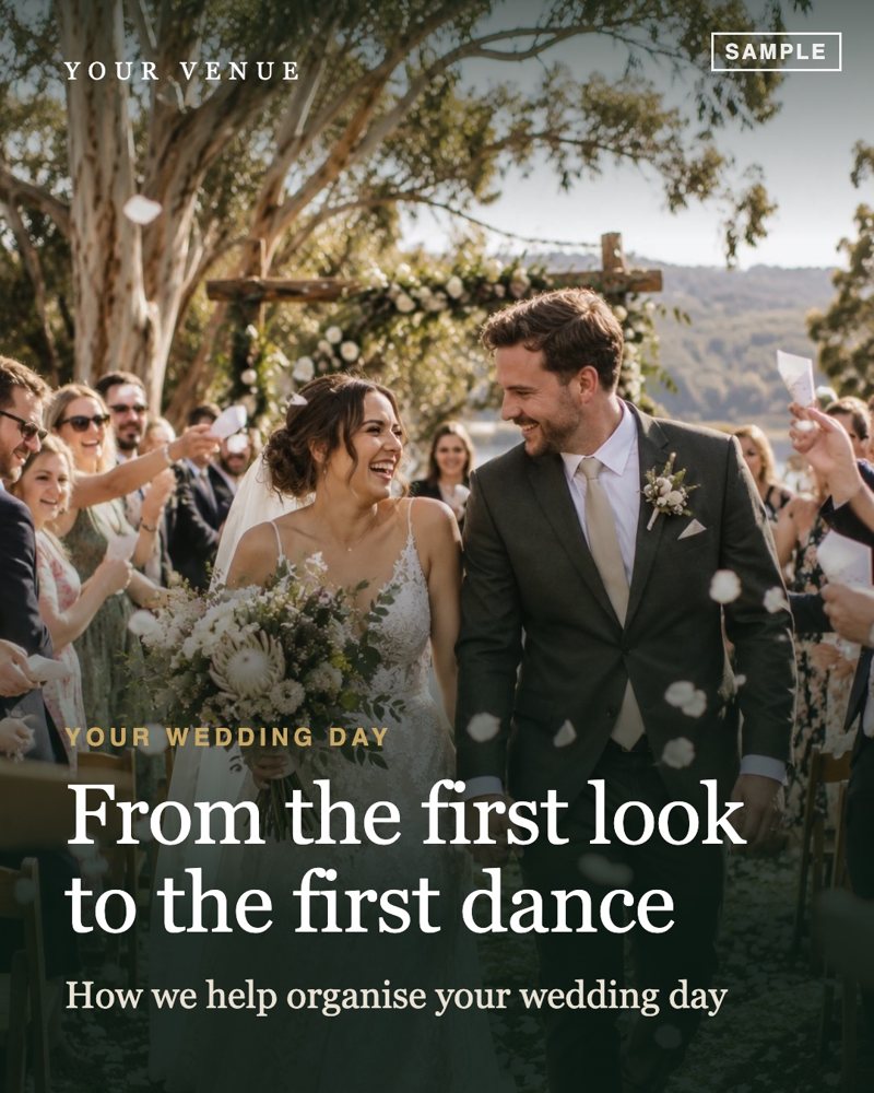 Sample cover slide for a wedding business: From the first look to the first dance, how we help organise your wedding day