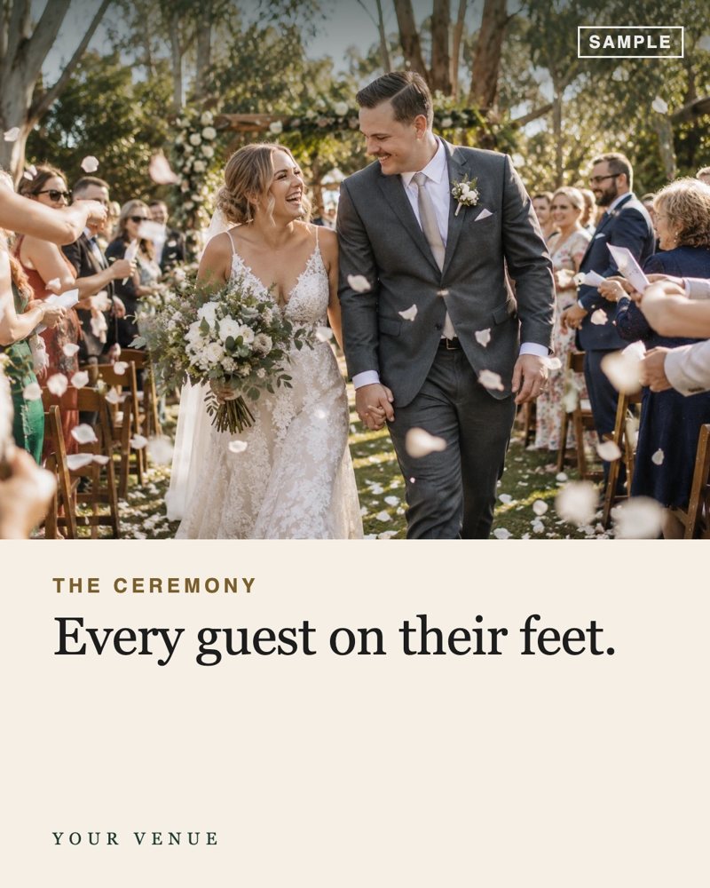 Sample slide 2: the bride smiling down at her bouquet while guests behind her cheer, with the words Every guest on their feet.