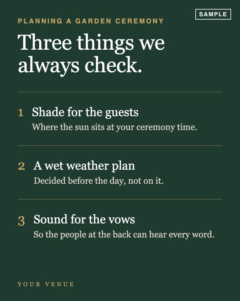 Sample slide 3: a list of three things a venue checks for a garden ceremony: shade for the guests, a wet weather plan, and sound for the vows.