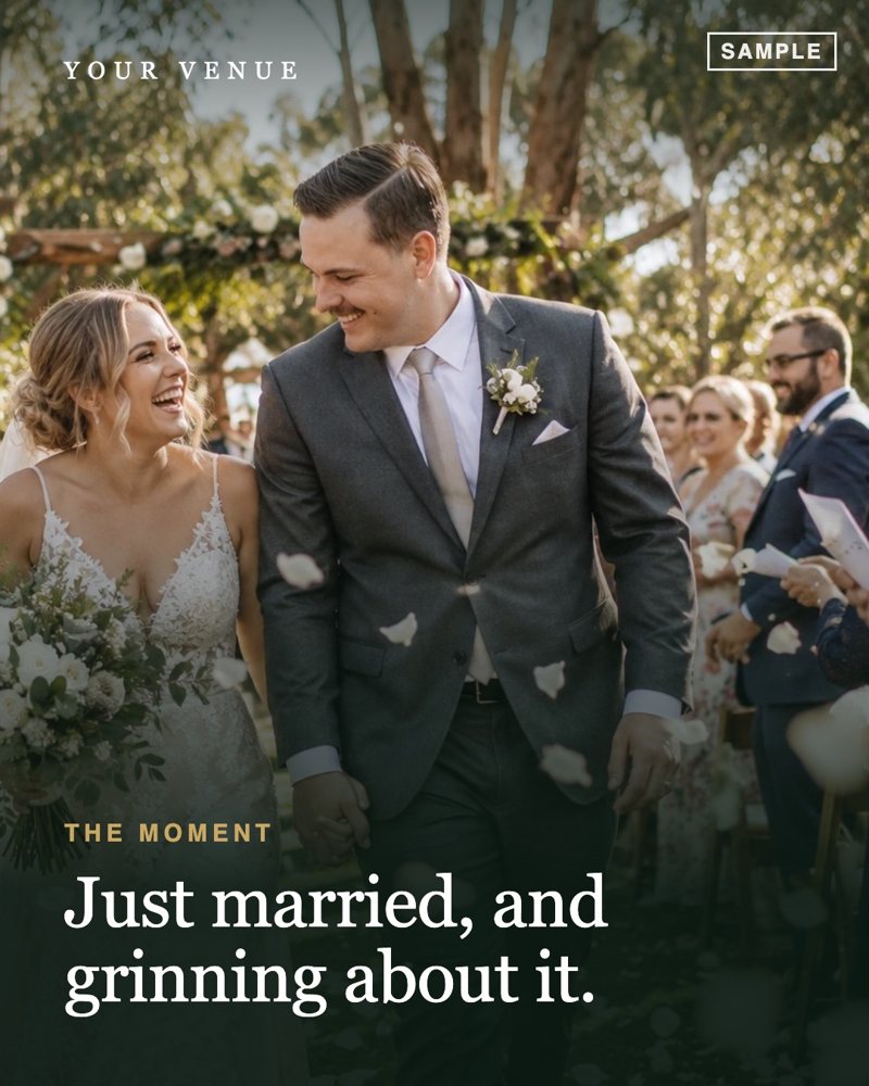 Sample slide 4: a close photo of the groom smiling, with the words Just married, and grinning about it.