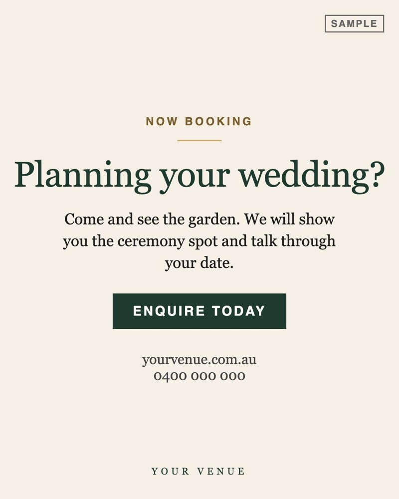 Sample slide 5: a call-to-action slide reading Planning your wedding, with an Enquire today button and a made-up web address and phone number.